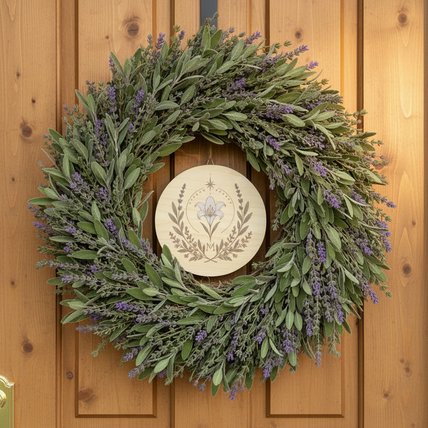 Marian Feast Emblem Wood Sign in wreath on front door
