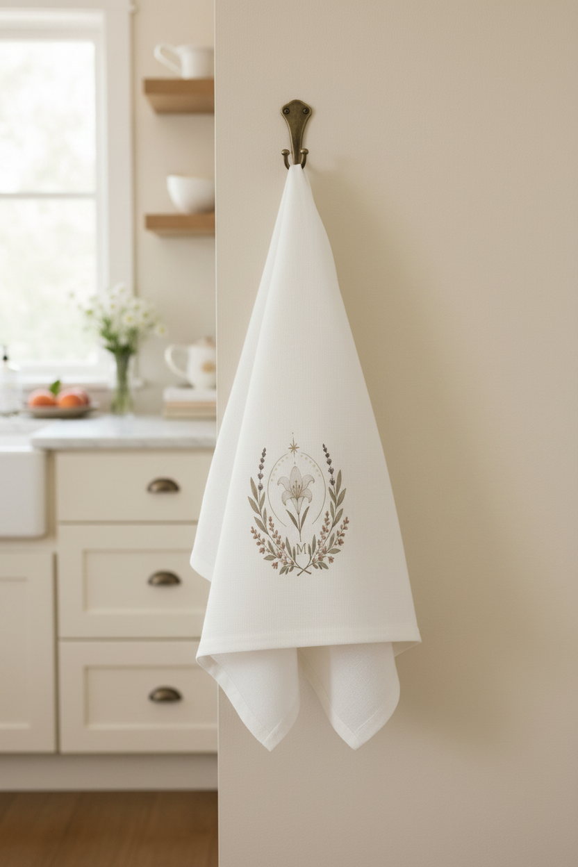 Marian Feast Emblem tea towel hanging on a wall hook in a warm kitchen