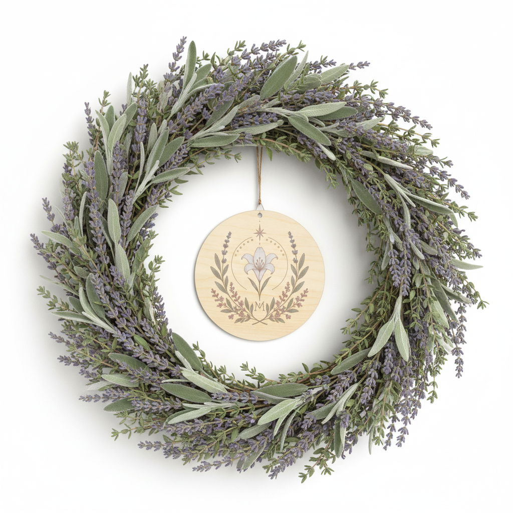 Marian Feast Emblem Wood Sign in lavender, sage, and thyme wreath