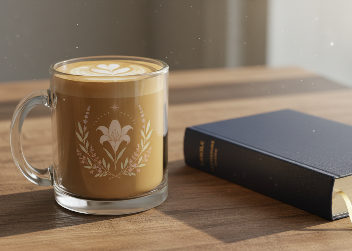 Marian Emblem Mug with Latte and Bible - Corrected